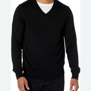 Perry Ellis Classic Black Merino Wool V-Neck Wide Ribbed Sweater Men’s Large EUC